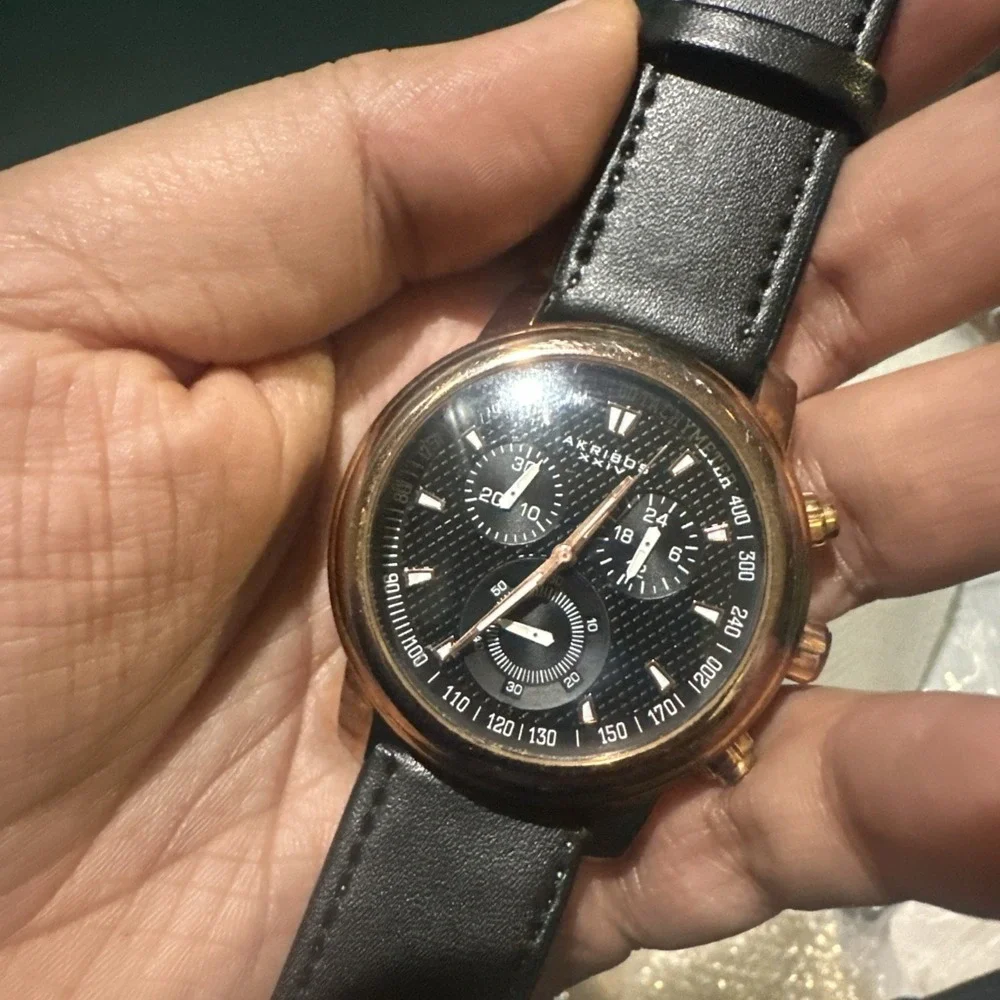 Working Akribos XXIV Chronograph Mens Watch Ak443RG Rose Gold‎ Quartz 43MM Black